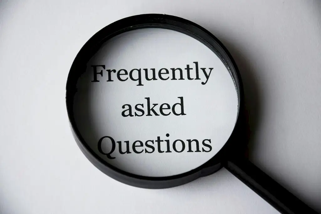 Magnifying glass icon over the words Frequently Asked Questions – representing search, discovery, or website analysis